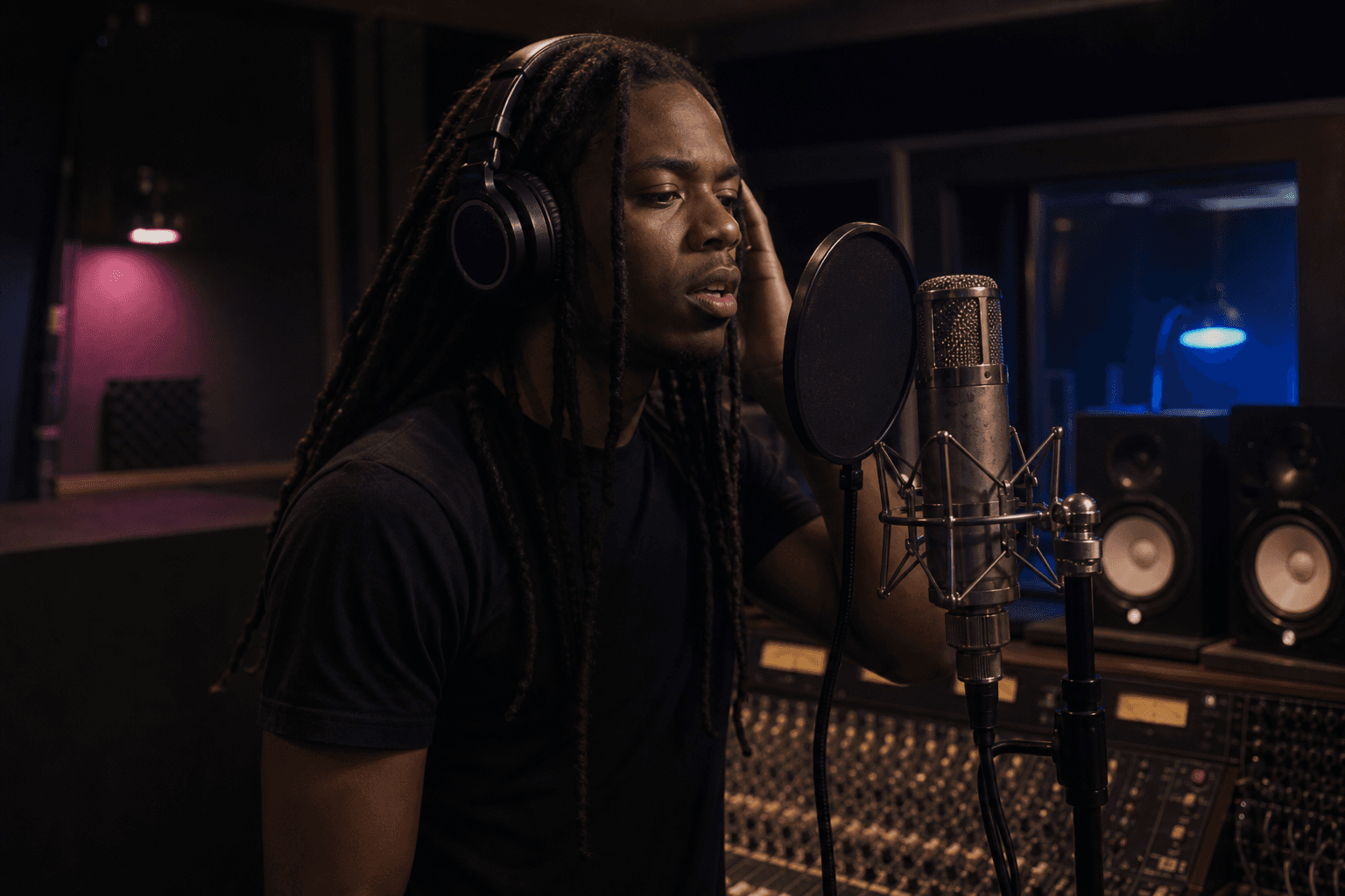 Artist recording at a vintage microphone in a dark Deep Dripz-style studio, headphones on