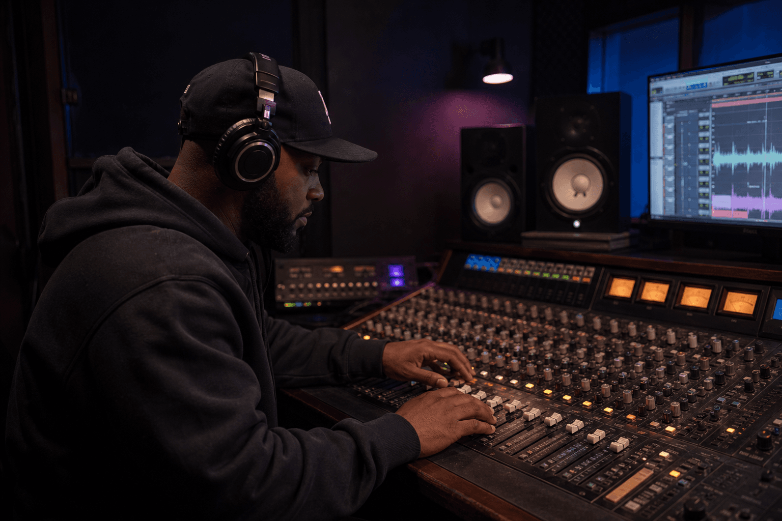 Engineer at the mixing desk in a dark studio, listening through headphones