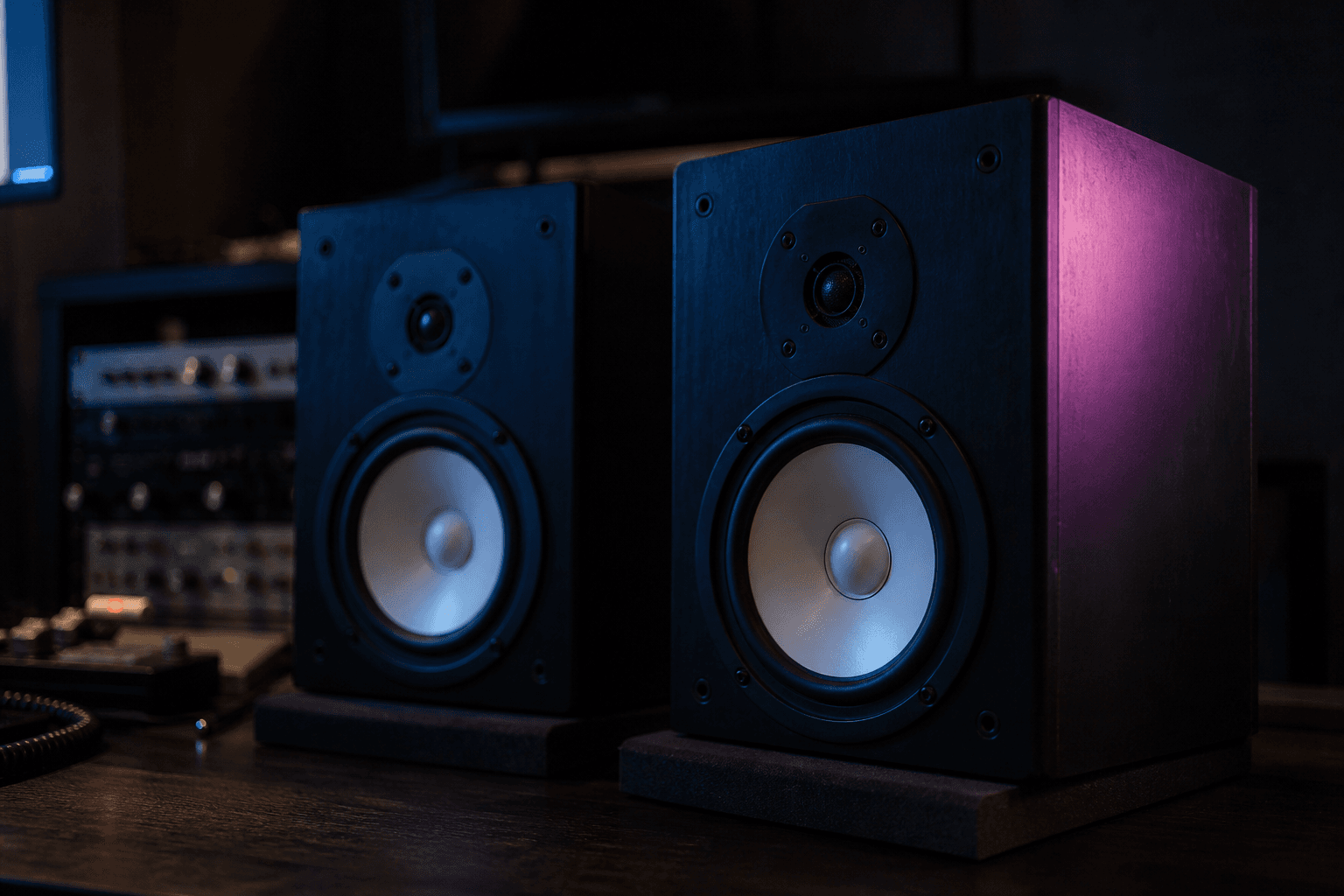 Near-field studio monitors in a dark control room