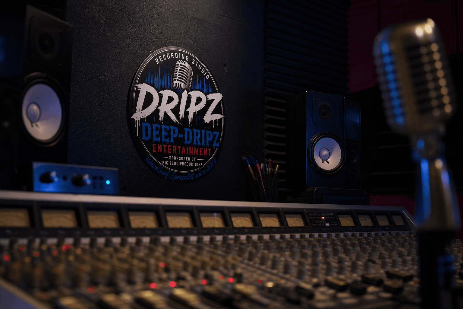 Deep Dripz branding in a dark recording studio